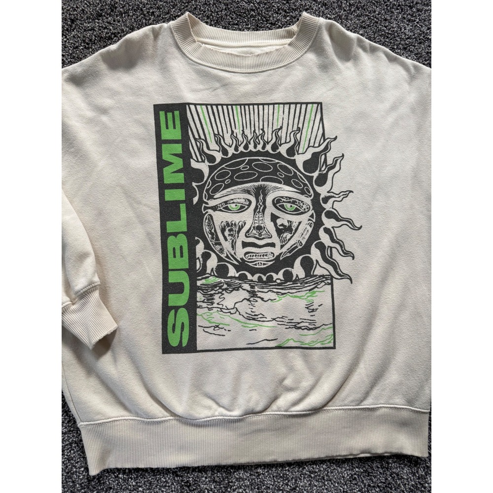 American Eagle Sublime Sun Graphic Sweatshirt Cream Green Black Small QQ14